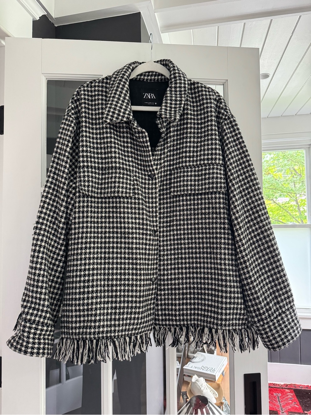 Zara Black & White Houndstooth Fringe Jacket